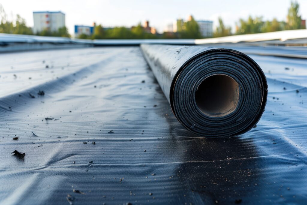 Roll of EPDM Ethylene Propylene Diene Terpolymer Material Laying on a Roof. Modern Roofing Materials